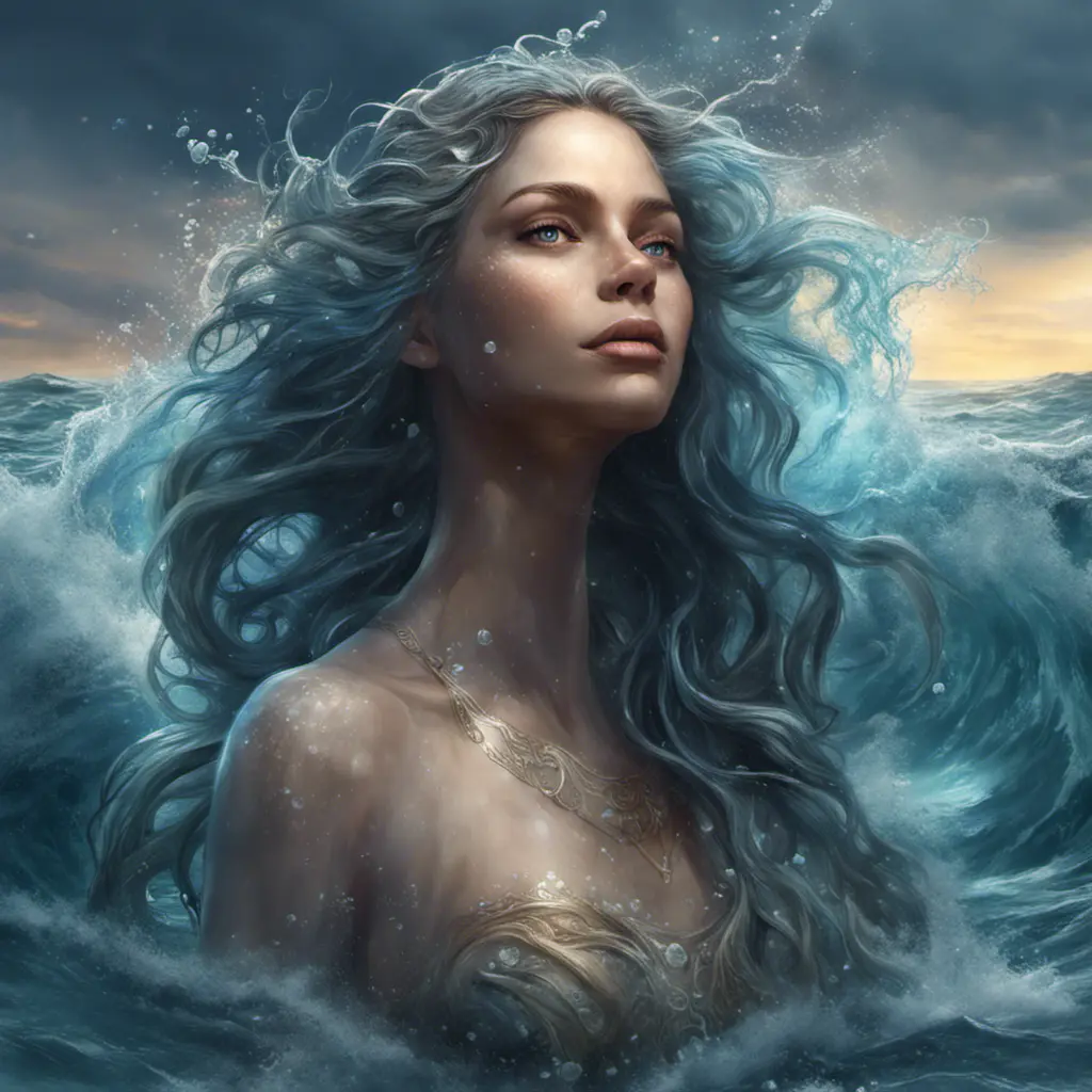 "magical ocean goddess", water, spray, waves, flowing hair, head and shoulders portrait, finely drawn eyes, 8k, Fantasy