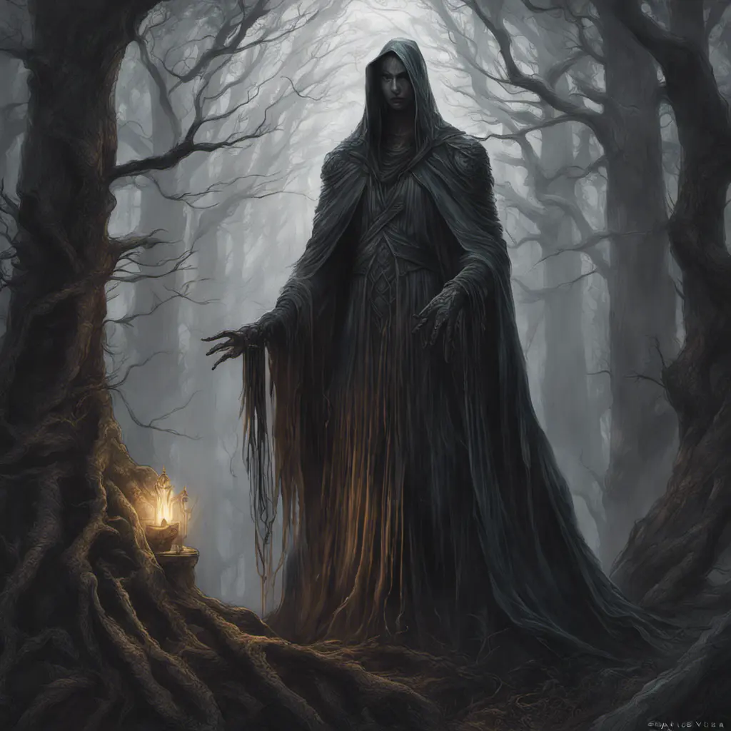 Elden ring wraith in a haunted forest, Highly Detailed, Intricate, Gothic, Volumetric Lighting, Fantasy, Dark by Stanley Artgerm Lau