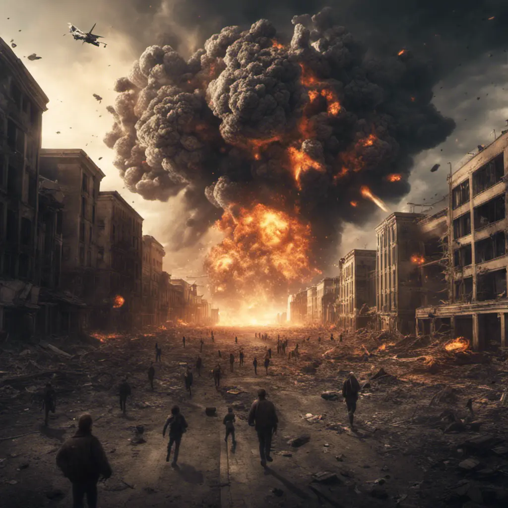 a mass explosion on earth that destroys all of humanity, scary, massive explosion, humans running away from it, 8k, Dystopian, Dark