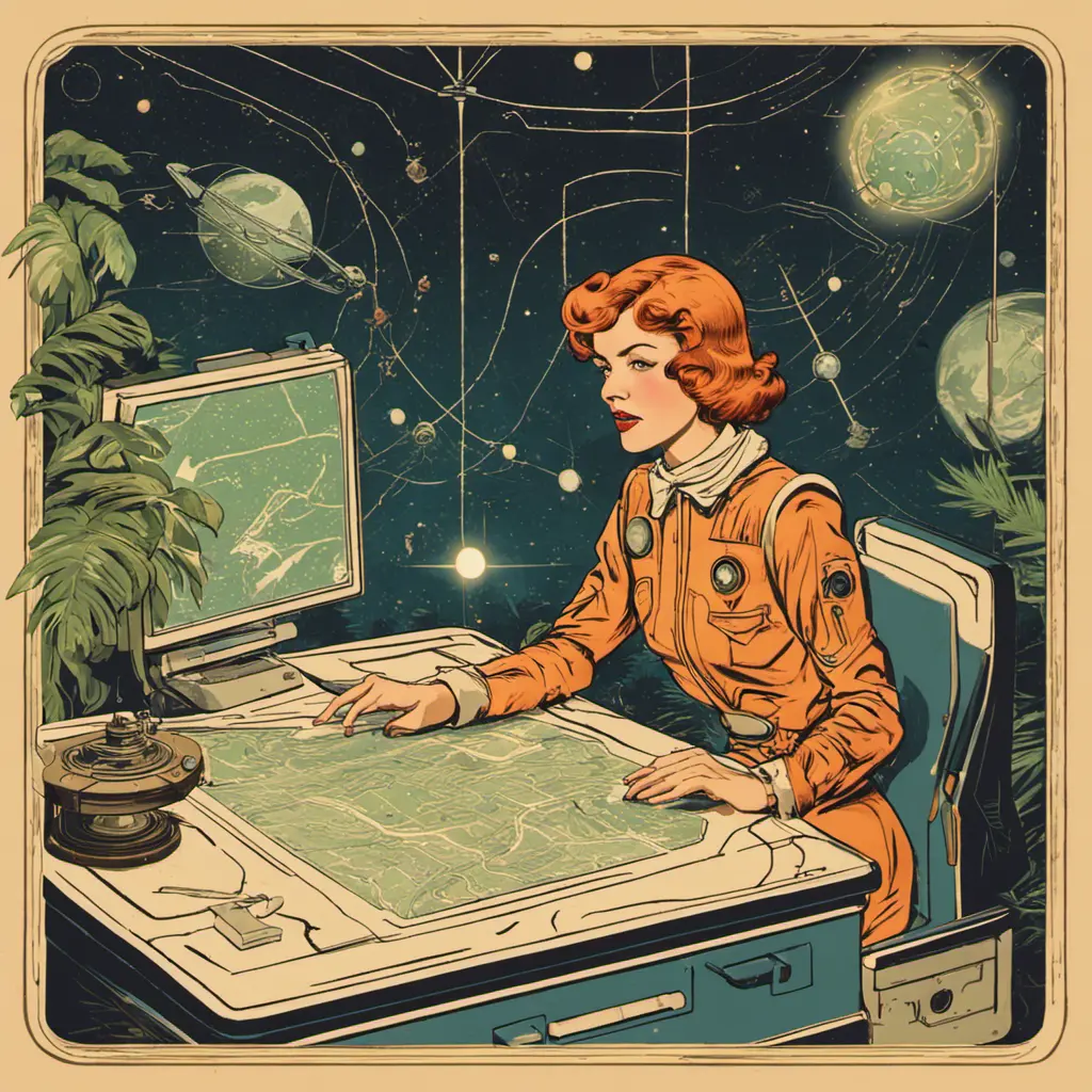 A woman dressed in an old-fashioned space outfit, with a constellations map in a desk and an astrolab in the hand in a jungle. Detailed image with vintage vidéo game animation style, with great lighting and tension., Vintage Illustration, Retro-Futurism