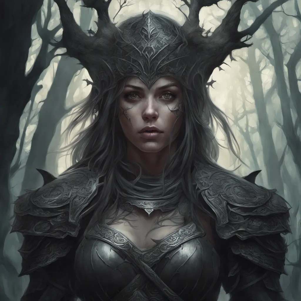 Female warrior in a haunted forest, Highly Detailed, Intricate, Gothic, Volumetric Lighting, Fantasy, Dark by Stanley Artgerm Lau