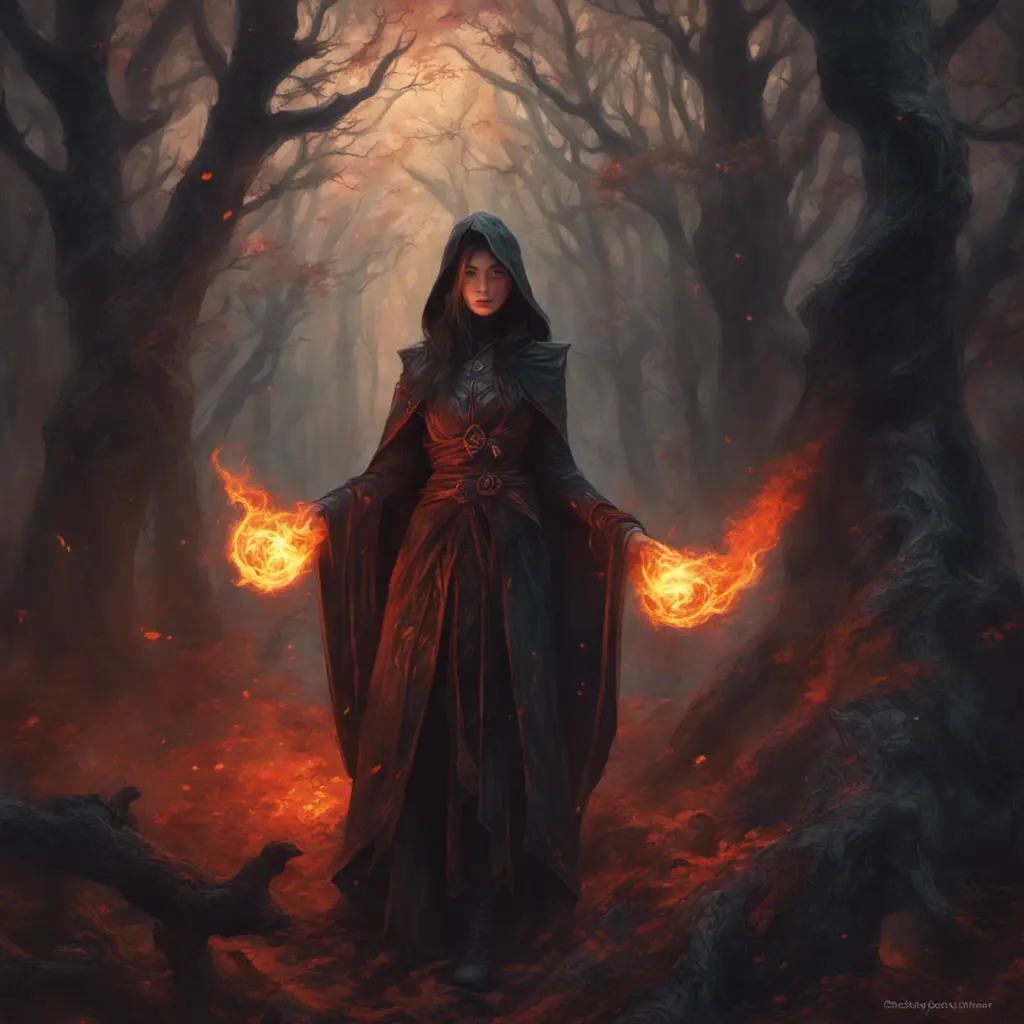 Fire mage in a haunted forest, Highly Detailed, Intricate, Gothic, Volumetric Lighting, Fantasy, Dark by Stanley Artgerm Lau