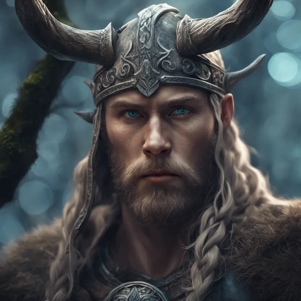 Closeup of a beautiful viking in a magical forest, 4k, Highly Detailed, Masterpiece, Pretty Face, Digital Illustration, Cinematic Lighting, Realistic, Sharp Focus, Centered, Beautifully Lit, Bioluminescent by Stanley Artgerm Lau