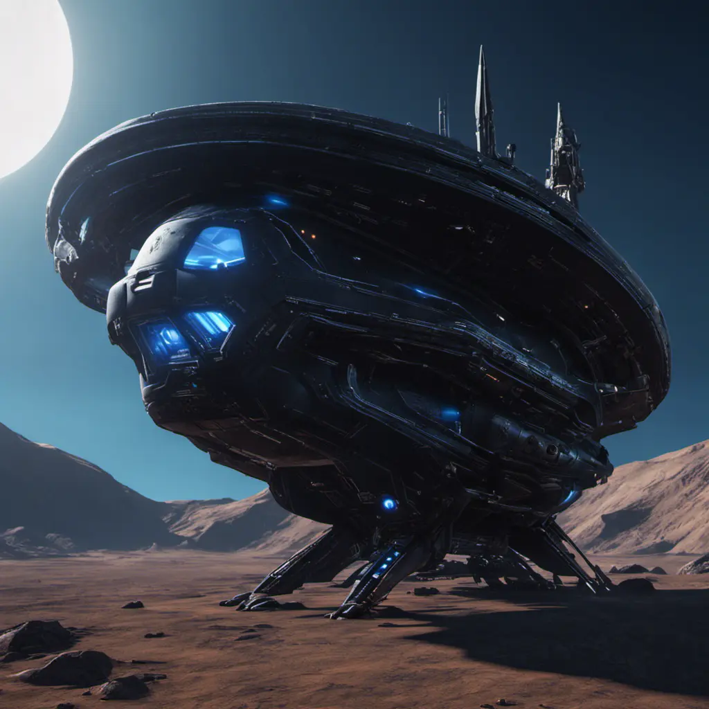 Entire black Spaceship, from side, in an alien planet with dark blue background, Highly Detailed, Unreal Engine