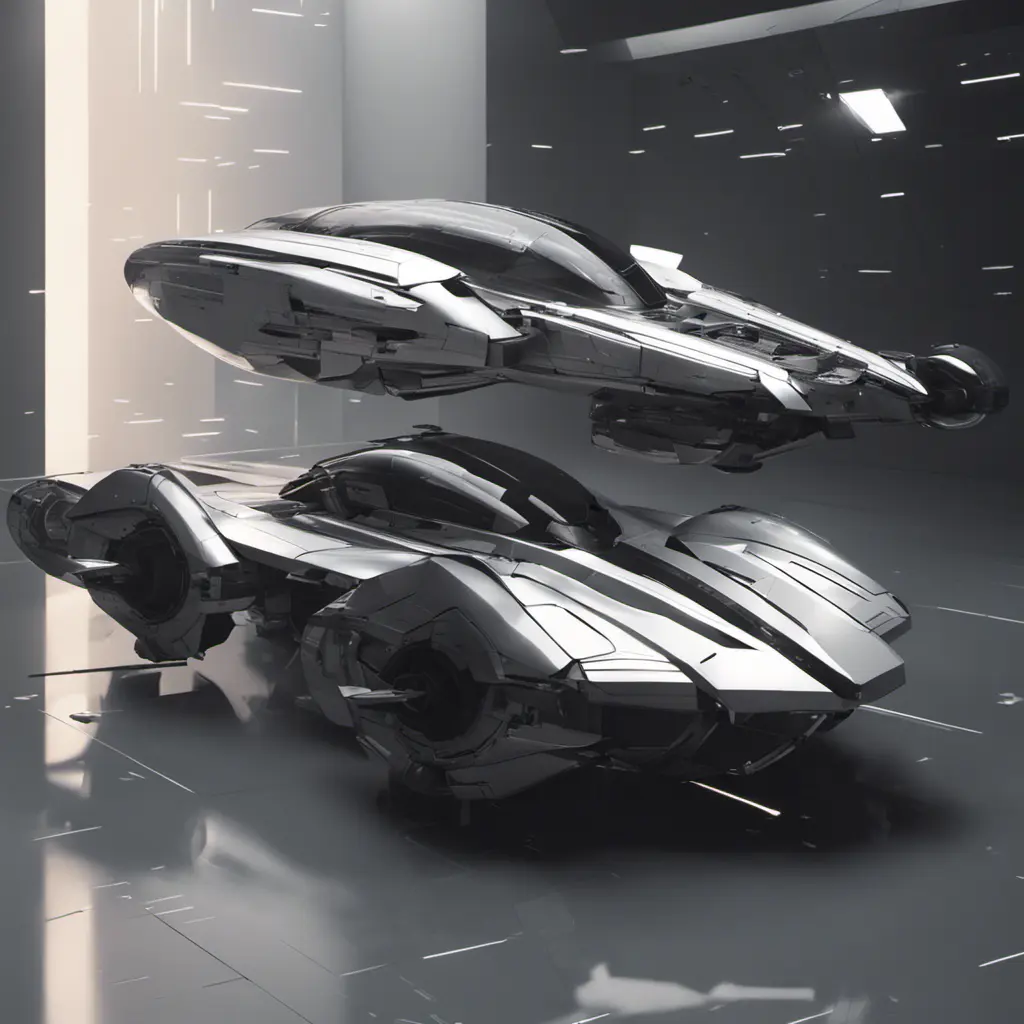 One with a spacecraft parked next to another, in the style of monochromatic compositions, dynamic action sequences, wlop, vray, silver and black, streamline elegance, hisui sugiura, Sci-Fi, Volumetric Lighting