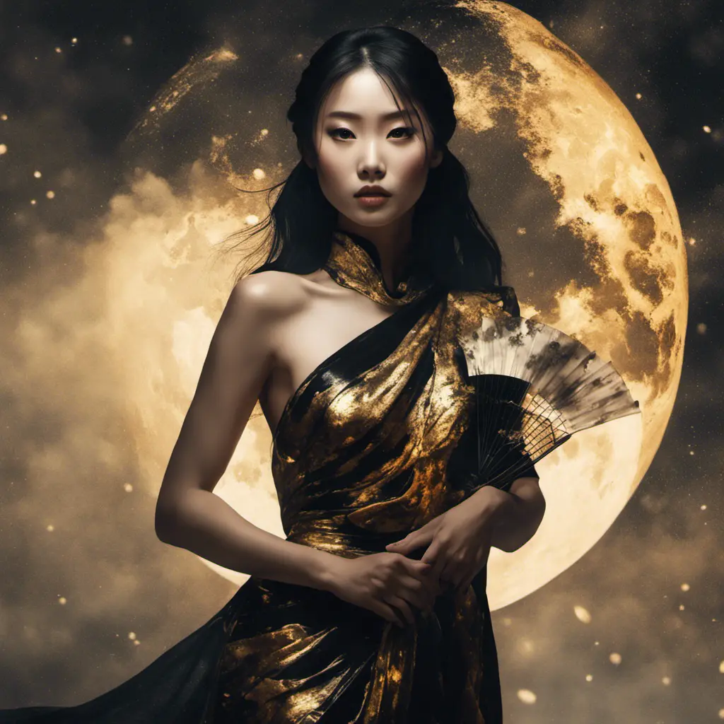 Full body back of an Asian goddess in a black and gold backless dress holding a fan in one hand. A fantastically large moon background, detailed gorgeous face, natural skin, fire and ice, splatter, black ink, liquid melting, dreamy, glowing, glamour, glimmer, shadows, ominous, golden ratio, production cinematic character render, ultra high quality model, 8k, Highly Detailed, Intricate, Masterpiece, Oil on Canvas, Sharp Focus, Smooth, Unreal Engine, Glamour Shot, Vibrant Colors, Ominous