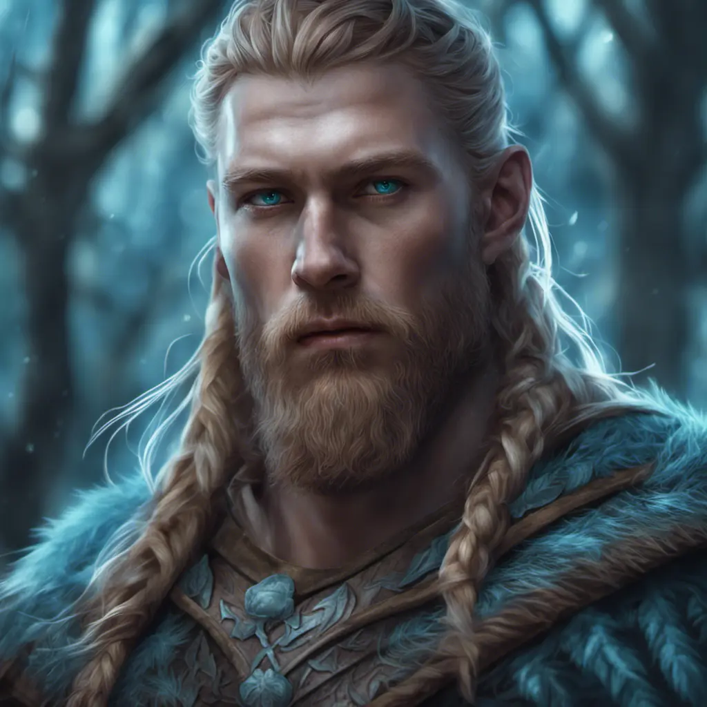 Closeup of a beautiful viking in a magical forest, 4k, Highly Detailed, Masterpiece, Pretty Face, Digital Illustration, Cinematic Lighting, Realistic, Sharp Focus, Centered, Beautifully Lit, Bioluminescent by Stanley Artgerm Lau