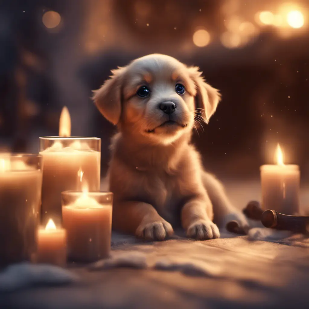 Epic shot of ultra cute puppy in a warm cozy evening candle lit atmosphere, Digital Painting, Photo Realistic, Sharp Focus