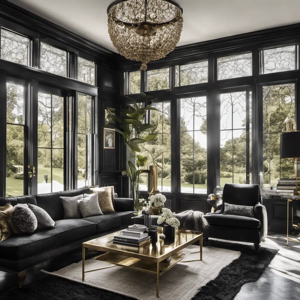 Interior architectural hi-res editorial award photo living room with a small glass wall, victorian coastal Villa inspired by the old town, in Hamptons, black and gold toned, High Resolution, Highly Detailed, Intricate Details, Photo Realistic, Natural Light