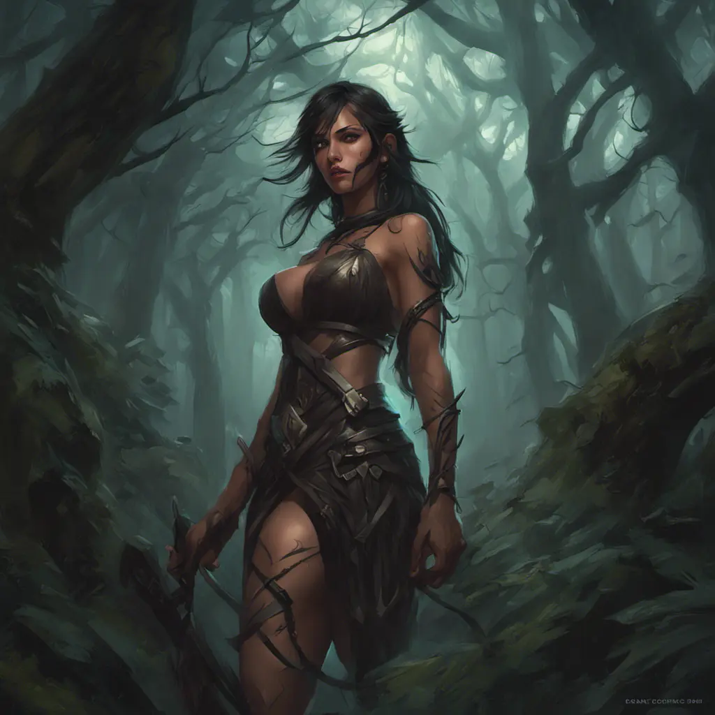 Nidalee in a haunted forest, Highly Detailed, Intricate, Gothic, Volumetric Lighting, Fantasy, Dark by Stanley Artgerm Lau