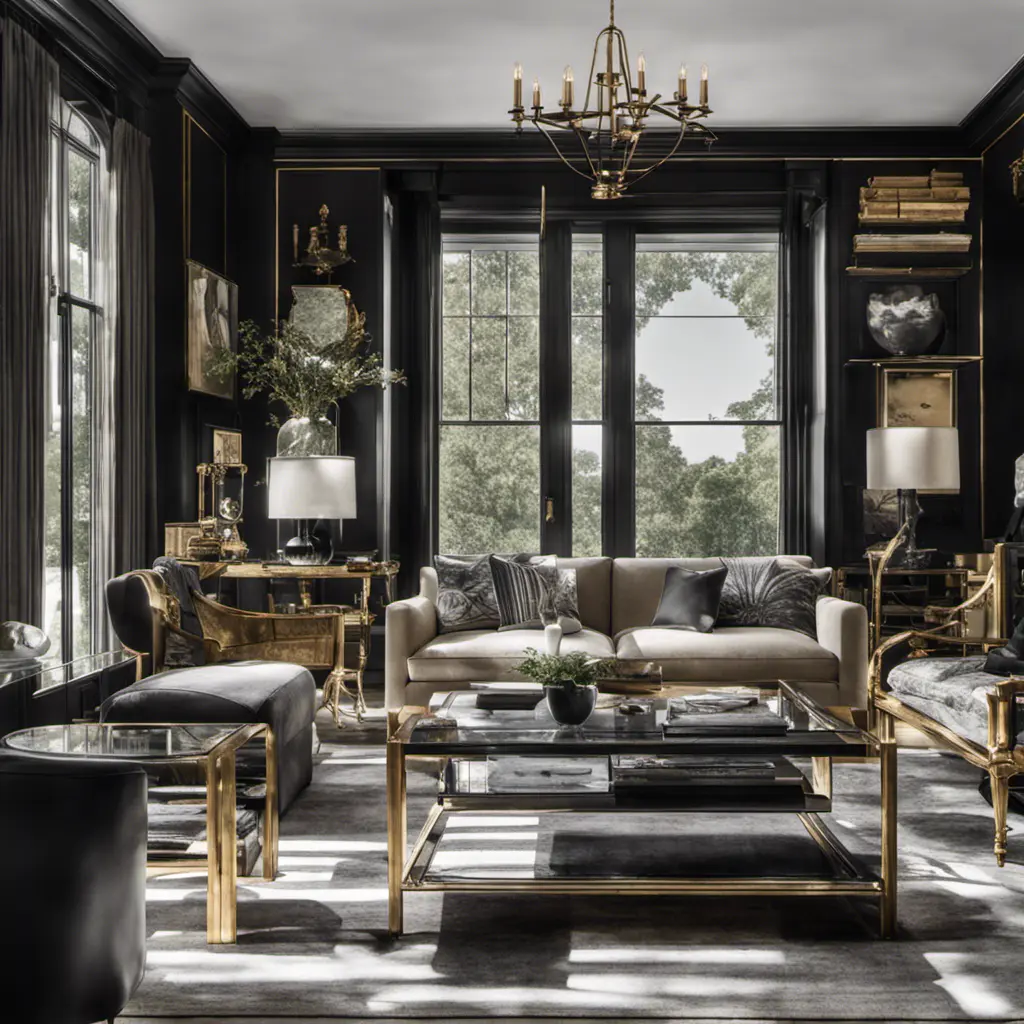 Interior architectural hi-res editorial award photo living room with a small glass wall, victorian coastal Villa inspired by the old town, in Hamptons, black and gold toned, High Resolution, Highly Detailed, Intricate Details, Photo Realistic, Natural Light