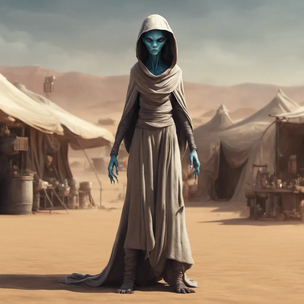 Very slim and tall female alien creature merchant on a desert un the market of a alien planet, suspicious look, hooded, selling caged alien vermin, western shot, Hyper Realistic