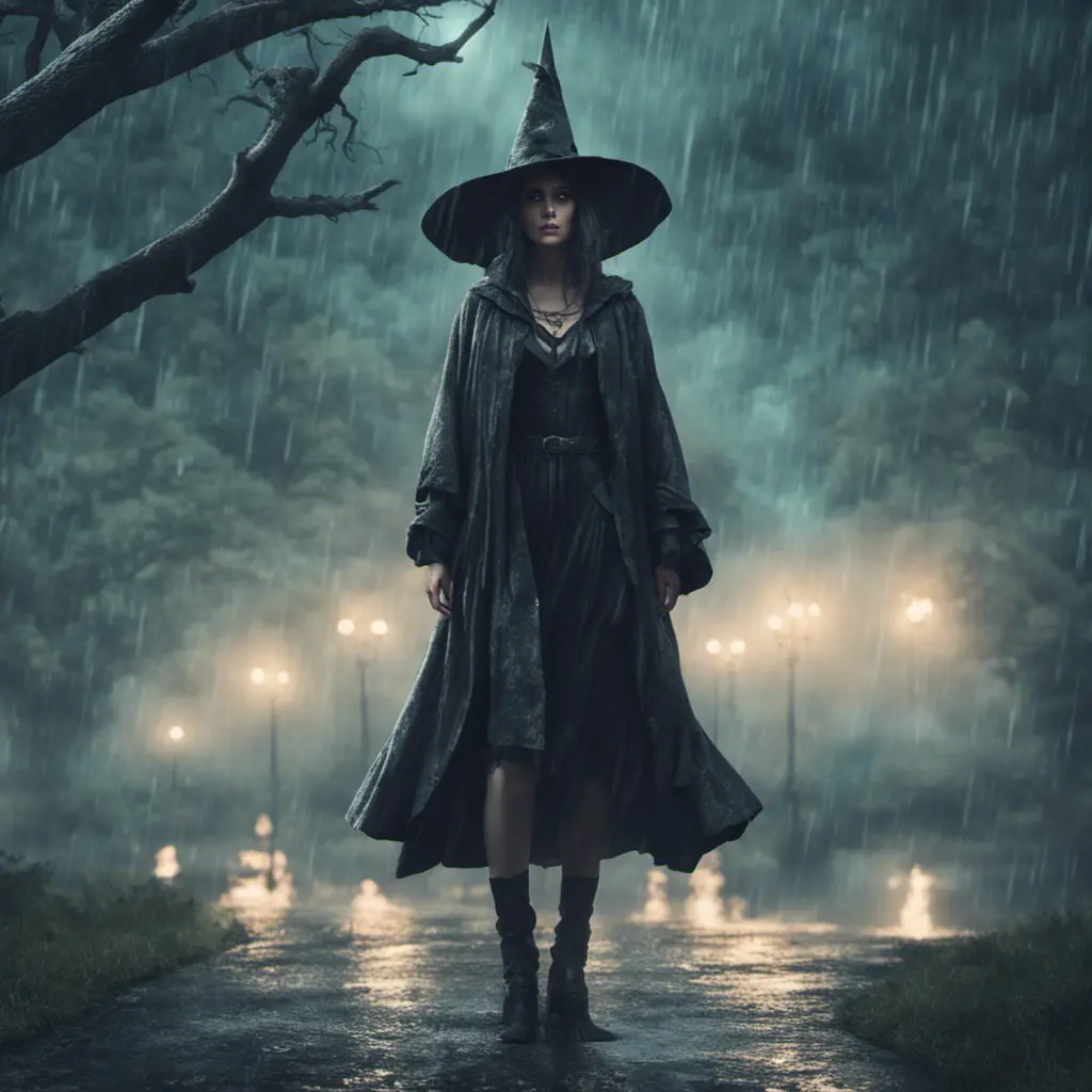 Enigmatic witch in rain standing in a spellbound park, 8k, Sci-Fi, Fantasy