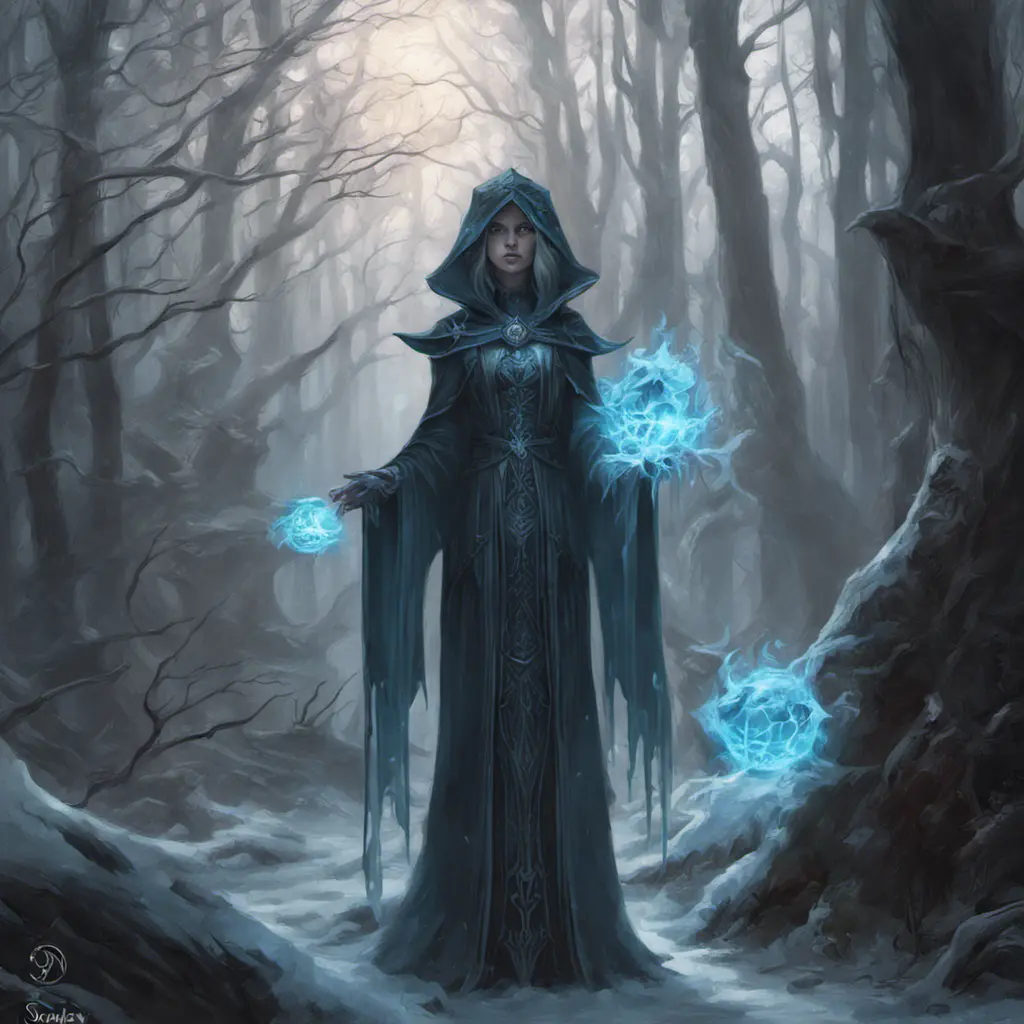 Ice mage in a haunted forest, Highly Detailed, Intricate, Gothic, Volumetric Lighting, Fantasy, Dark by Stanley Artgerm Lau