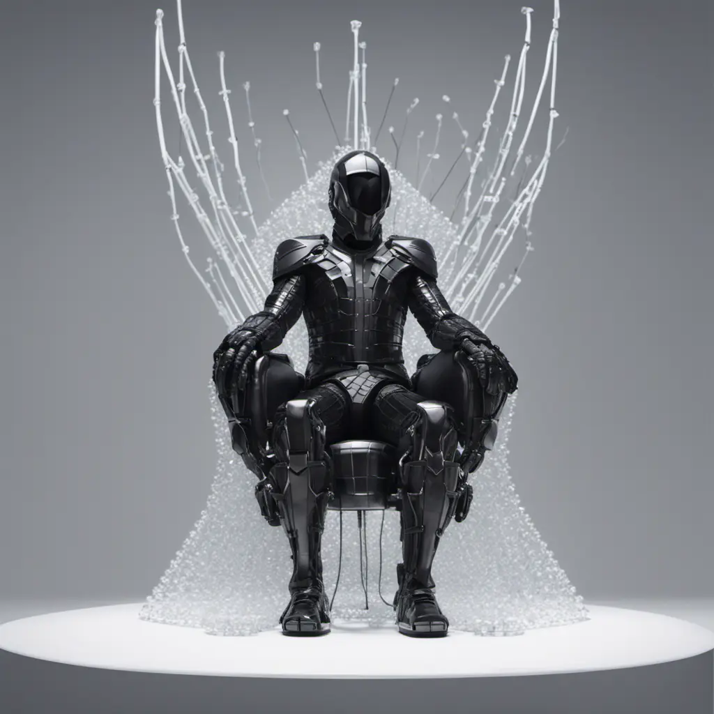 An ultrarrealistic distant   photograph of a futuristic medieval  king style  power suit, made of black mate  metal and polymer, full crystal hull, for a man, visible wires,  sitting in a throne, 8k, Dystopian, Elegant