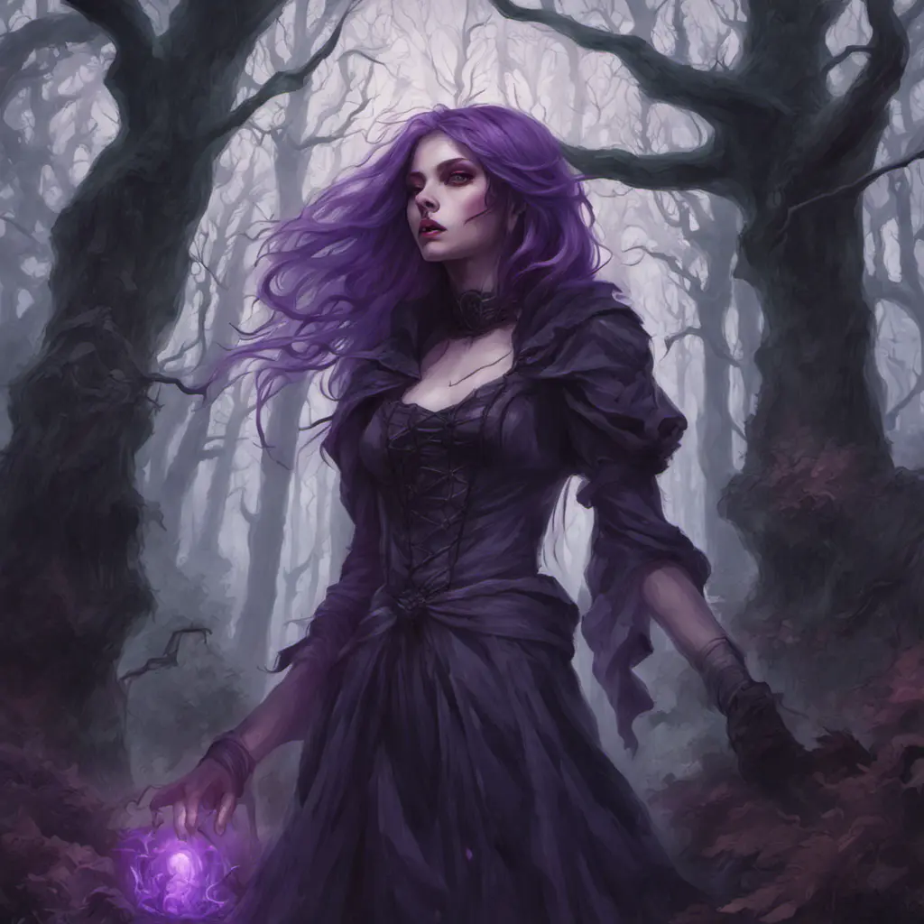 Purple haired witch in a haunted forest, Highly Detailed, Intricate, Gothic, Volumetric Lighting, Fantasy, Dark by Stanley Artgerm Lau