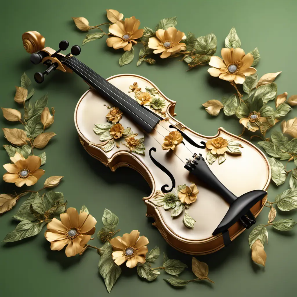 Vintage violin decorated all around with three-dimensional flowers and leaves in green and gold colors, beautiful and pleasant lighting, 8k, Intricate Details, Natural Light