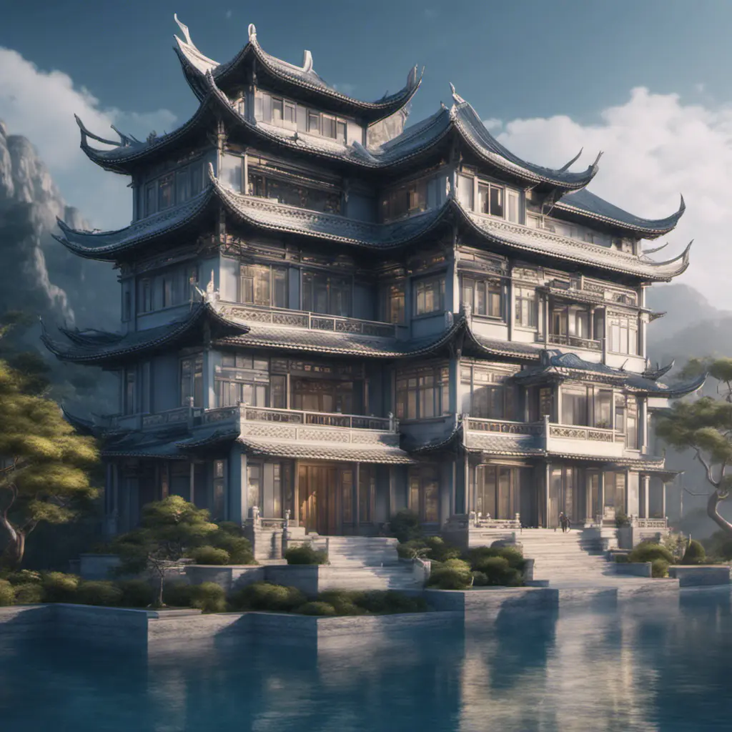 A gorgeous Chinese - style high - rise villa stands in the valley, luxurious majestic silver - grey blue antique palace, 8k, HD, High Definition, Trending on Artstation, Soft Lighting