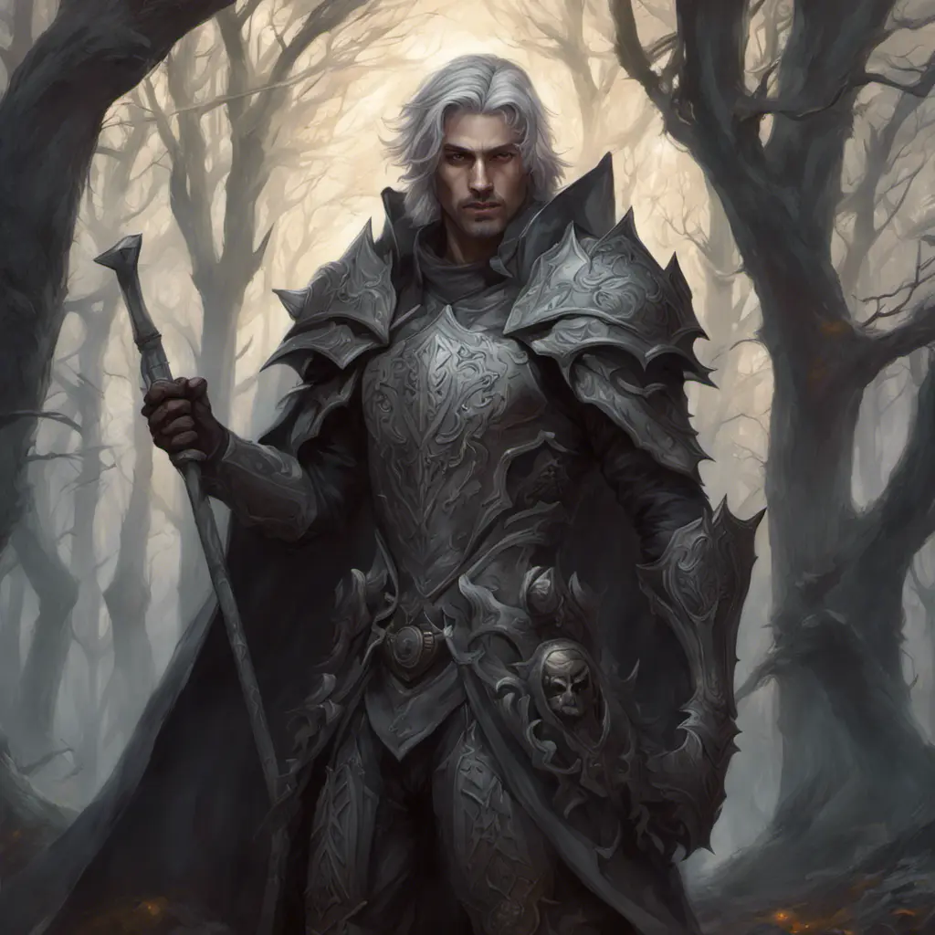 Ashen haired paladin in a haunted forest, Highly Detailed, Intricate, Gothic, Volumetric Lighting, Fantasy, Dark by Stanley Artgerm Lau