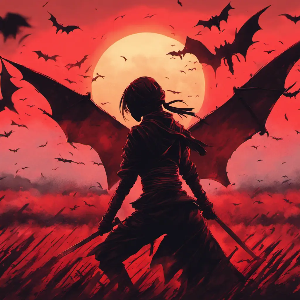 Back view of a female ninja on a bloody batte field. Flying bats in the sky that is colored by a red sun set, Dystopian, Volumetric Lighting