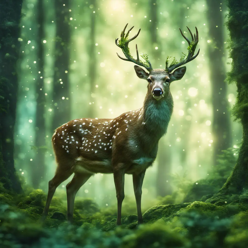 Deer in a green magical forest, Highly Detailed, Bokeh effect, Sharp Focus, Volumetric Lighting, Fantasy by Greg Rutkowski