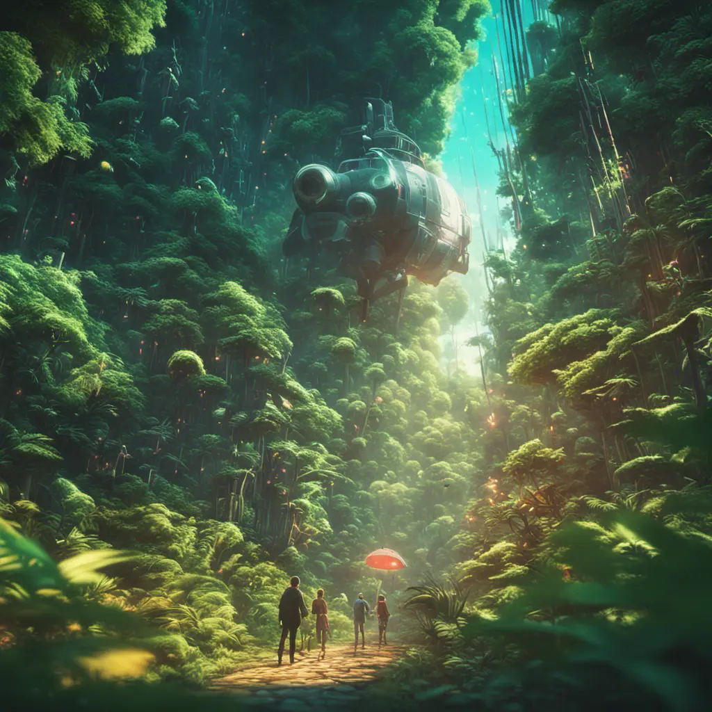 Studio ghibli, rocket explosion, jungle, solar, green technology, optimist future, 8k, Bokeh effect, Cinematic Lighting, Iridescence, Vibrant by Beeple, Dan Mumford, Greg Rutkowski, WLOP