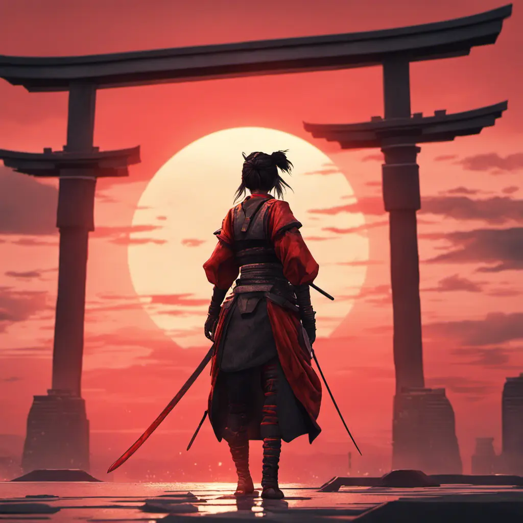 Backview of a female samurai assassin. The sky is colored by a red sun set, 8k, Dystopian, Trending on Artstation, Volumetric Lighting