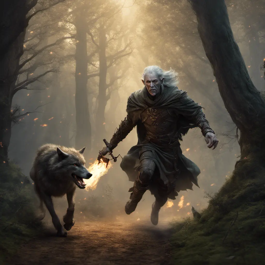 an a old dark elf running into the wood being pursuit by a wolf and humans with an torch. About middle earth, 8k, Gothic and Fantasy, Beautiful, Sci-Fi, Photo Realistic by Greg Rutkowski