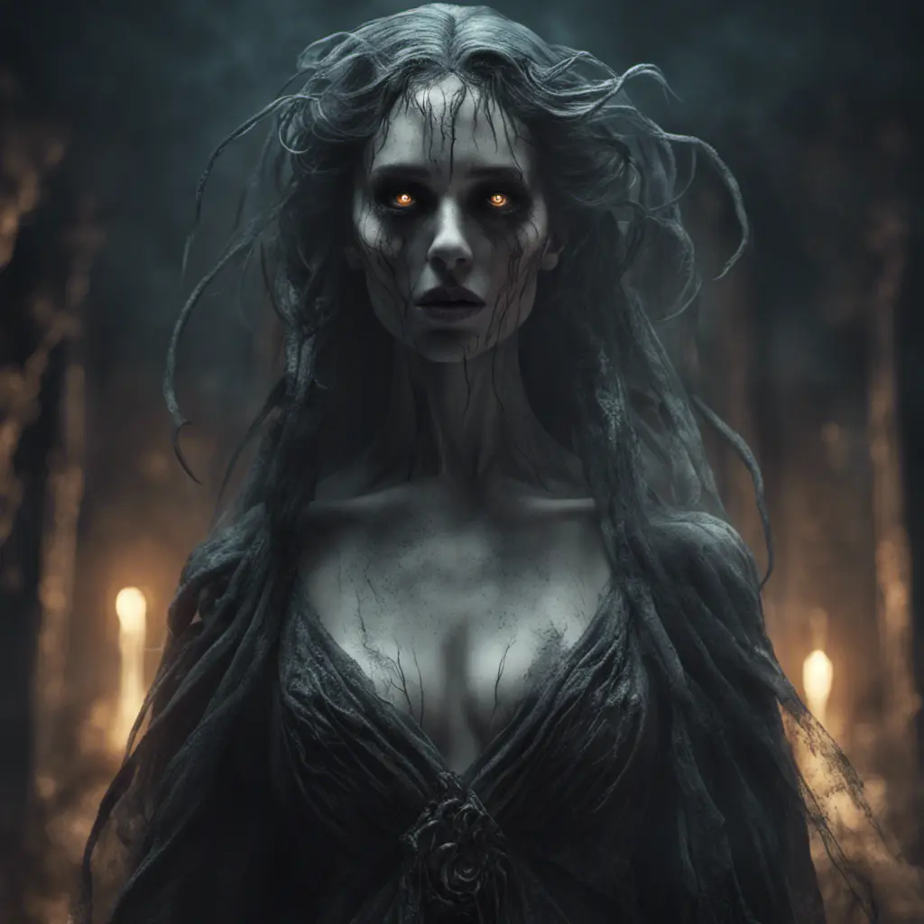 Ghostly rotting dead evil undead siren, graceful, flowing robes, wispy, glowing dark eyes, darkness, 8k, Gothic and Fantasy, Beautiful, Sci-Fi, Photo Realistic