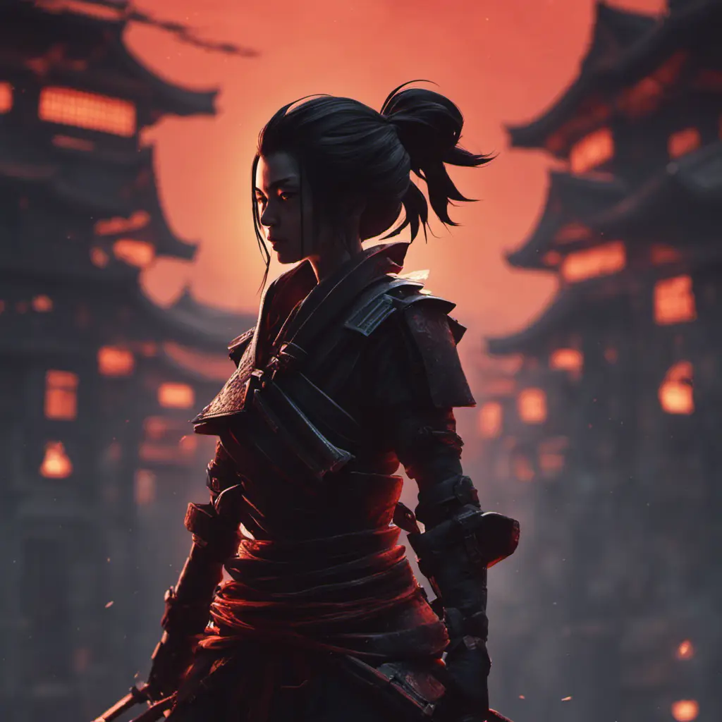 Silhouette of a samurai female assassin in the style of Fire watch, 8k, Dystopian, Trending on Artstation, Volumetric Lighting