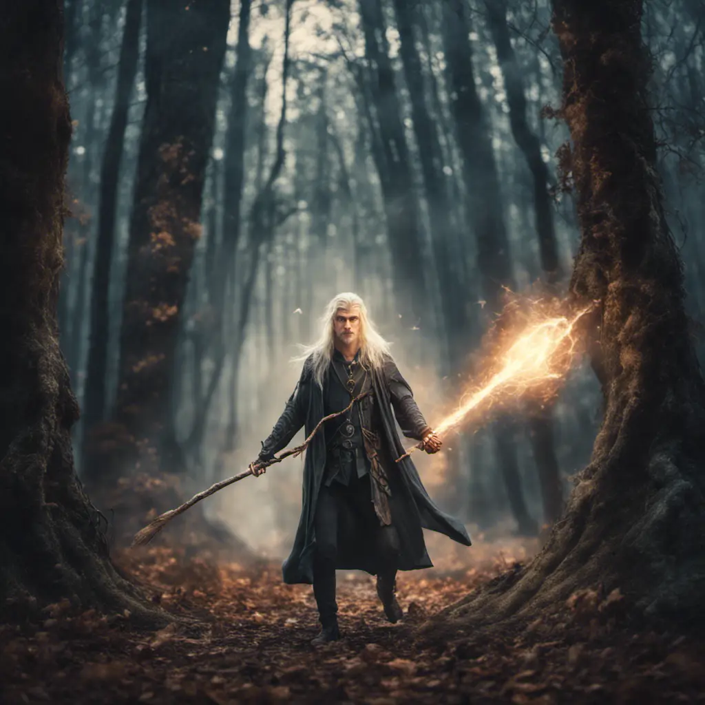 A masculine blonde wizard inside the forest, fighting an evil spirit with a magical staff, 8k, Gothic and Fantasy, Beautiful, Sci-Fi, Photo Realistic