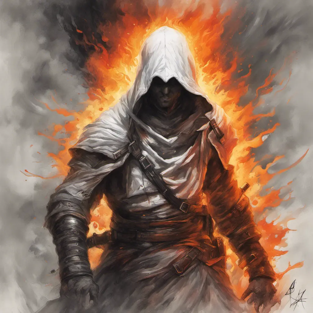 White Assassin emerging from a firey fog of battle, ink splash, Highly Detailed, Vibrant Colors, Ink Art, Fantasy, Dark by Stanley Artgerm Lau