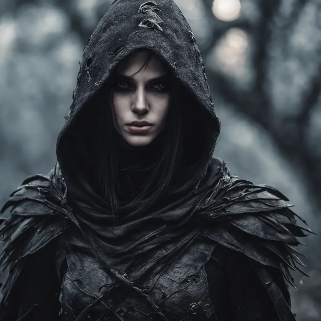 Intricate portrait of a horrifying pale assassin dusk elf, black hair, black eyes, fully covering black hooded armor in an apocalytpic world with Ravens, 8k, Gothic and Fantasy, Beautiful, Sci-Fi, Photo Realistic