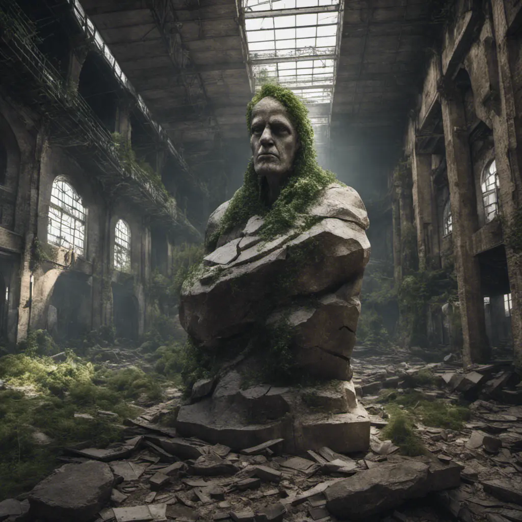 Close up, top view of a huge stone statue broken into pieces inside an abandoned warehouse overgrown inside abandonated factory, big rocks,, 8k, Gothic and Fantasy, Beautiful, Sci-Fi, Photo Realistic by Greg Rutkowski