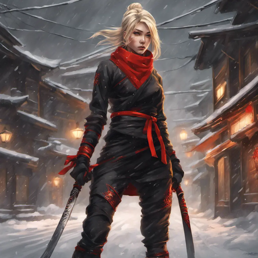 Mysterious beautiful kunoichi ninja wearing black, red and gold in the streets of a dark snowy town in russia, 8k, Intricate Details, Trending on Artstation, Blonde Hair by Stanley Artgerm Lau, WLOP