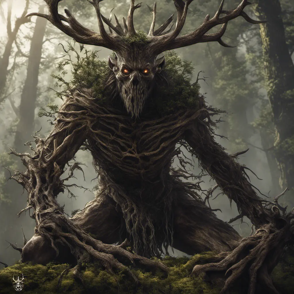 Leshen is a powerful, man-eating creature that dwells in the forests. It is a sorcerer with the ability to control the roots of the trees and use them to bind and capture its prey. The Leshen is ancient, with origins that are shrouded in mystery. , 8k, Gothic and Fantasy, Elden Ring, Photo Realistic, Dynamic Lighting