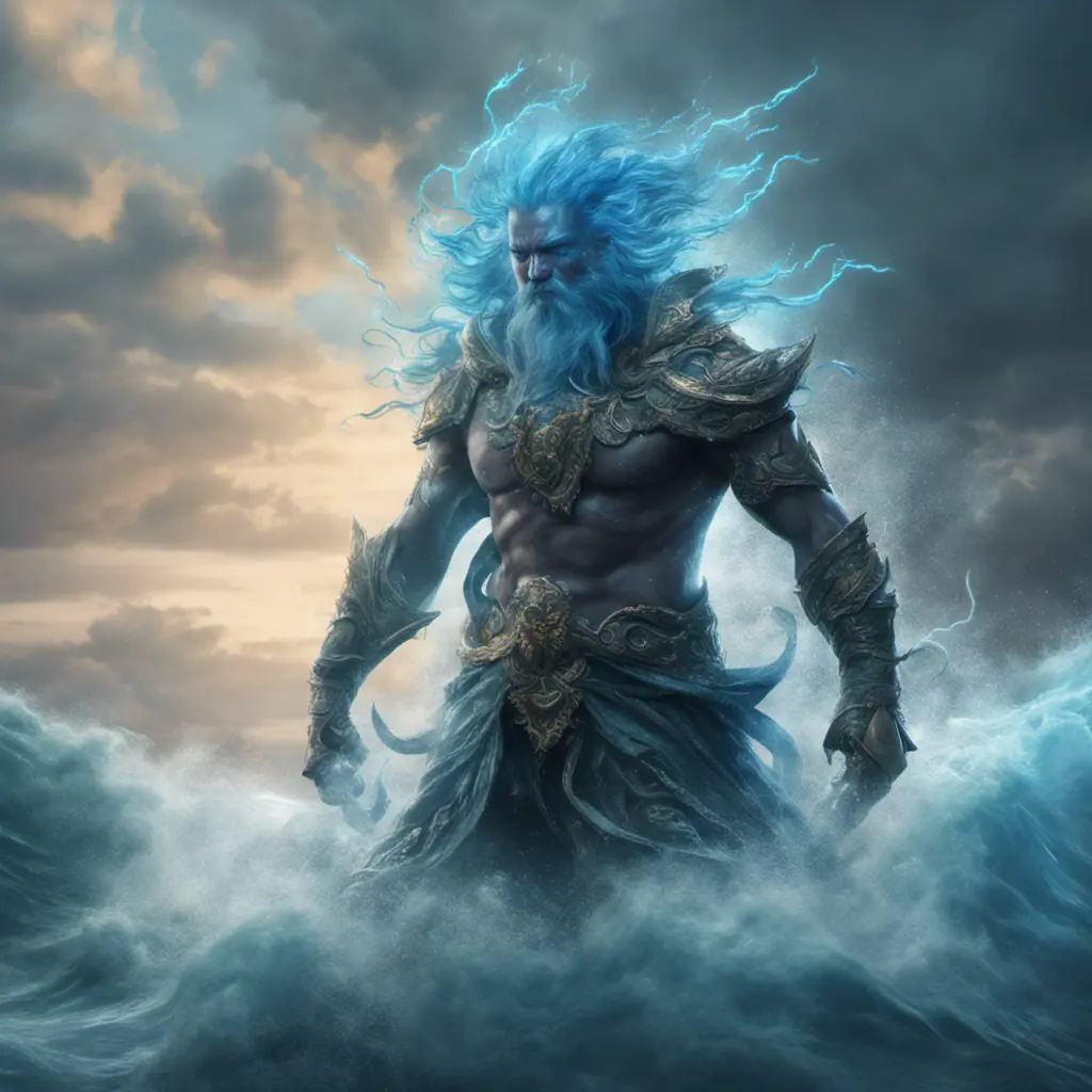 A celestial Blue-skinned God of the Seas, Storms, and Exploring emanating power of the seas, wearing half-leather, shrouded in storms in the style of digital art, 8k, Fantasy