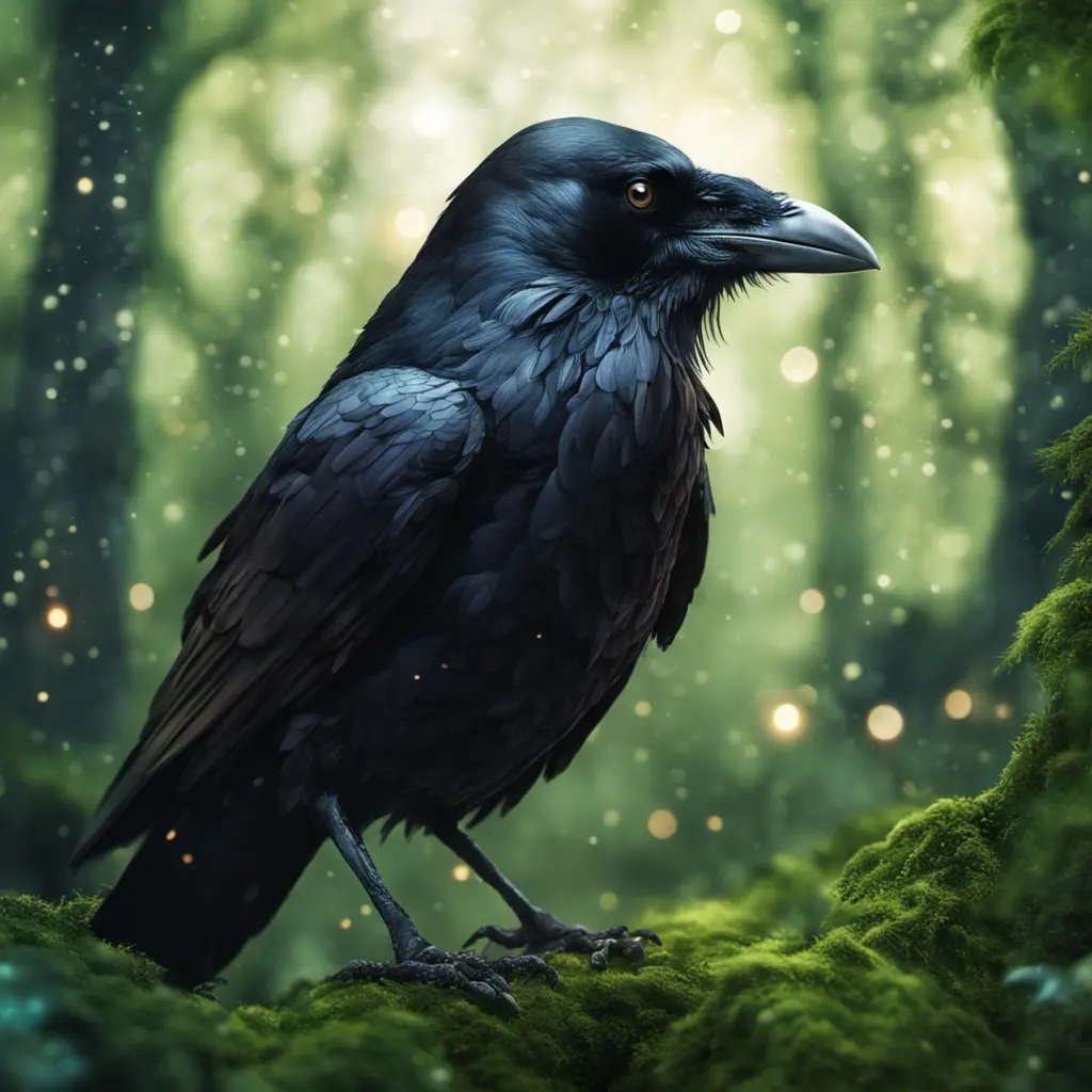 Raven in a green magical forest, Highly Detailed, Bokeh effect, Sharp Focus, Volumetric Lighting, Fantasy by Greg Rutkowski