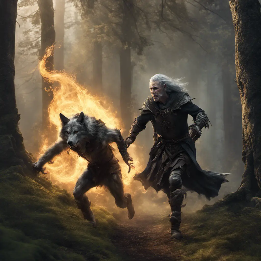 an a old dark elf running into the wood being pursuit by a wolf and humans with an torch. About middle earth, 8k, Gothic and Fantasy, Beautiful, Sci-Fi, Photo Realistic by Greg Rutkowski