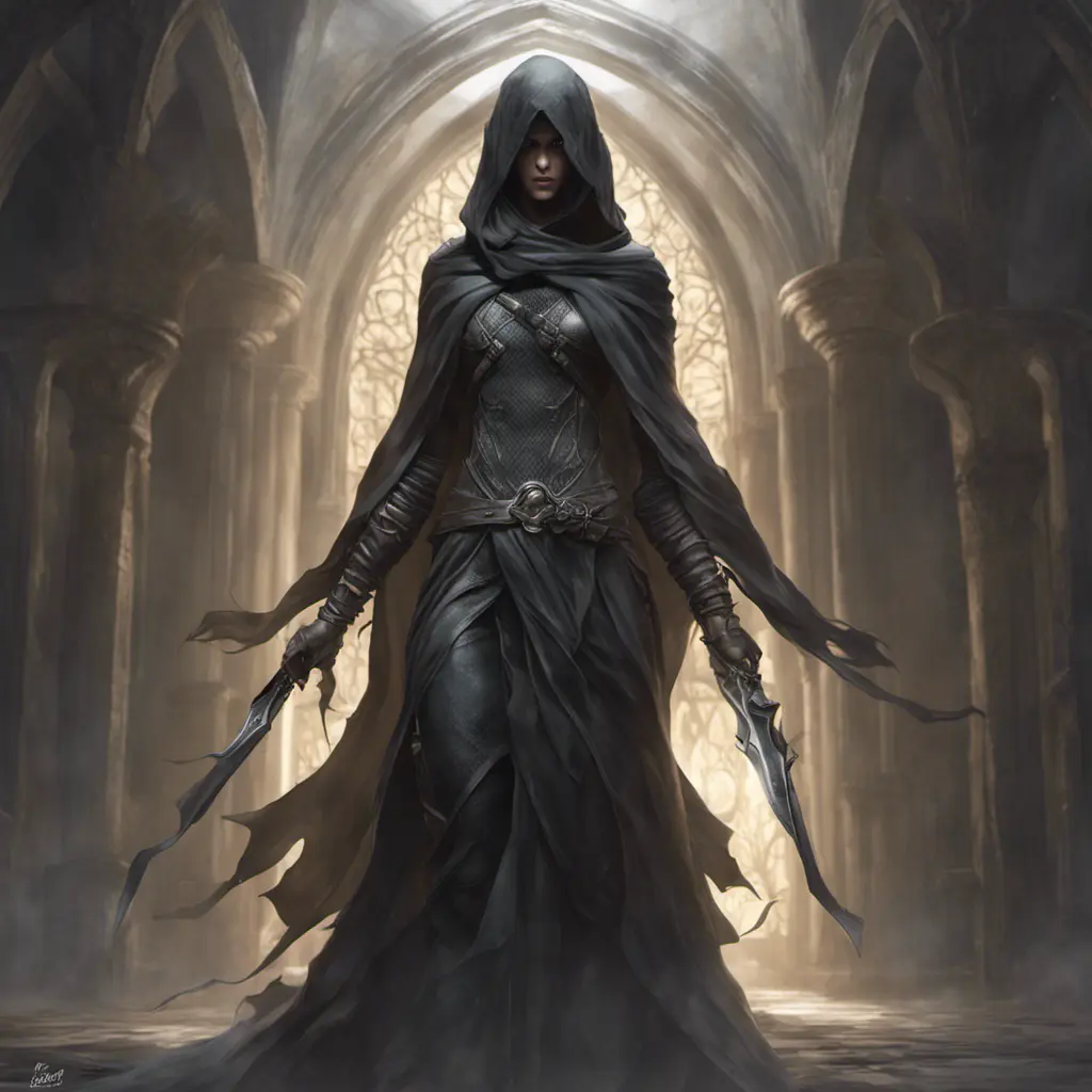 Veiled female wraith assassin, 8k, Gothic and Fantasy, Elden Ring, Photo Realistic, Dynamic Lighting by Stanley Artgerm Lau, Greg Rutkowski