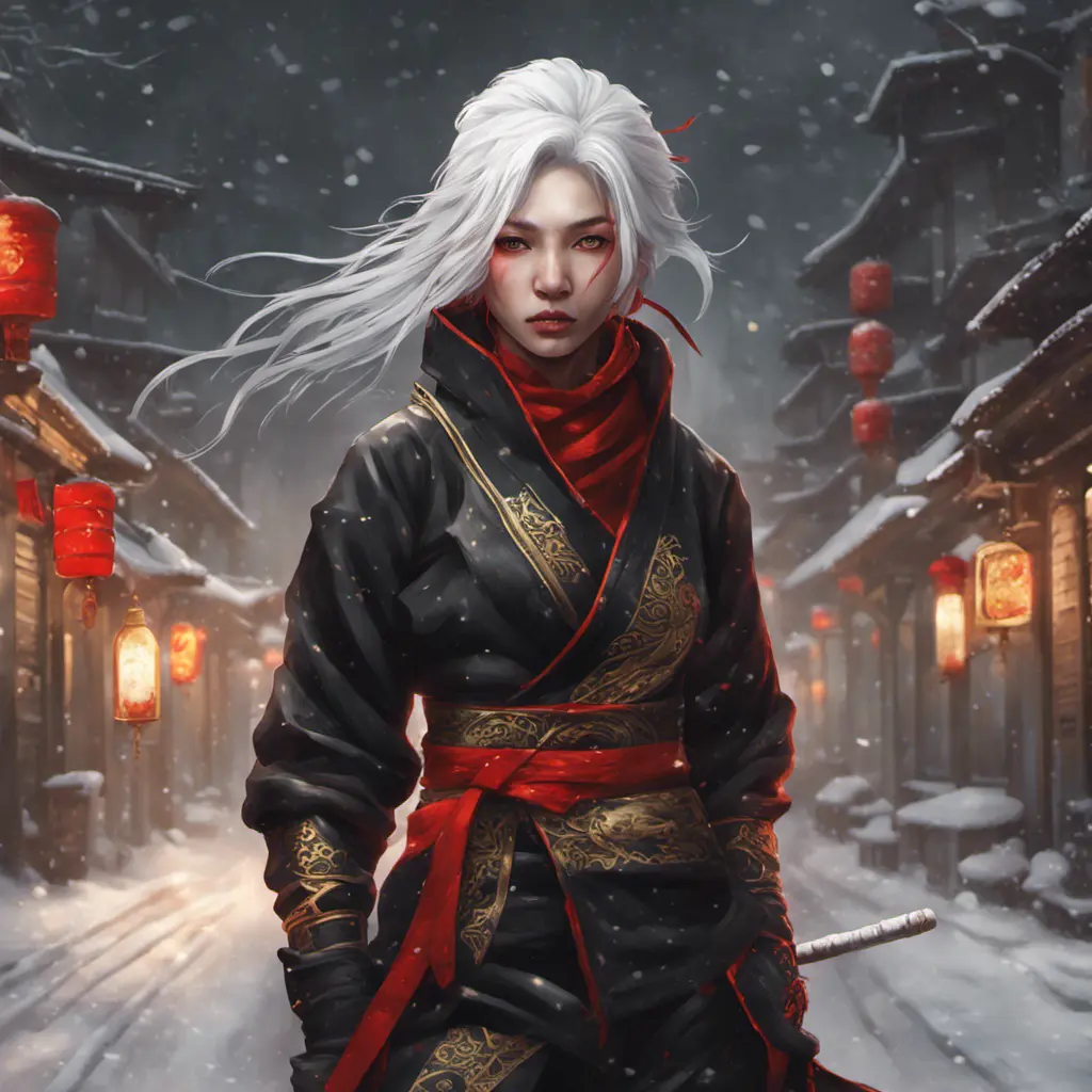 Mysterious beautiful kunoichi ninja wearing black, red and gold in the streets of a dark snowy town in russia, 8k, Intricate Details, Trending on Artstation, White Hair by Stanley Artgerm Lau, WLOP