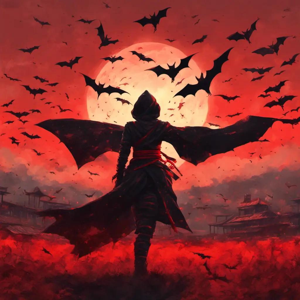 Back view of a female ninja on a bloody batte field. Flying bats in the sky that is colored by a red sun set, Dystopian, Volumetric Lighting