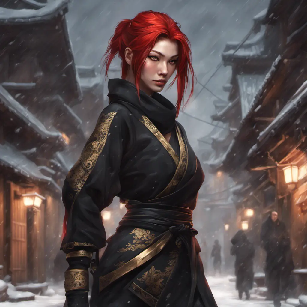 Mysterious beautiful kunoichi ninja with ashen hair wearing black and gold jewelry in the streets of a dark snowy town in russia, 8k, Intricate Details, Trending on Artstation, Red Hair by Stanley Artgerm Lau, WLOP