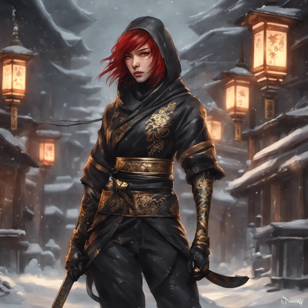 Mysterious beautiful kunoichi ninja with ashen hair wearing black and gold jewelry in the streets of a dark snowy town in russia, 8k, Intricate Details, Trending on Artstation, Red Hair by Stanley Artgerm Lau, WLOP