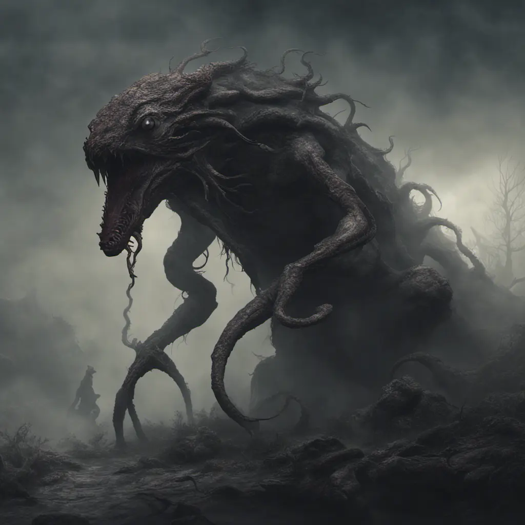 Creature eldritch horror, dark obscured by fog, 8k, Gothic and Fantasy, Elden Ring, Photo Realistic, Dynamic Lighting by Greg Rutkowski