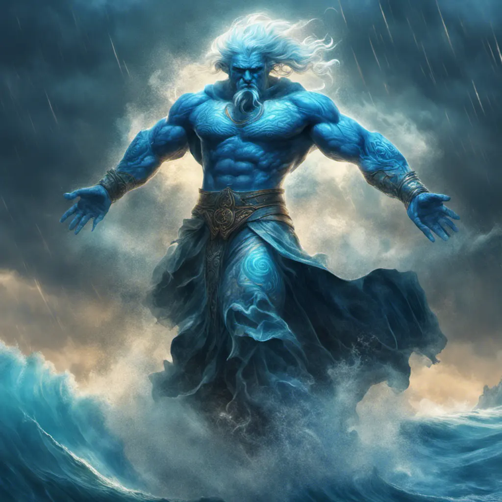 A celestial Blue-skinned God of the Seas, Storms, and Exploring emanating power of the seas, wearing half-leather, shrouded in storms in the style of digital art, 8k, Fantasy