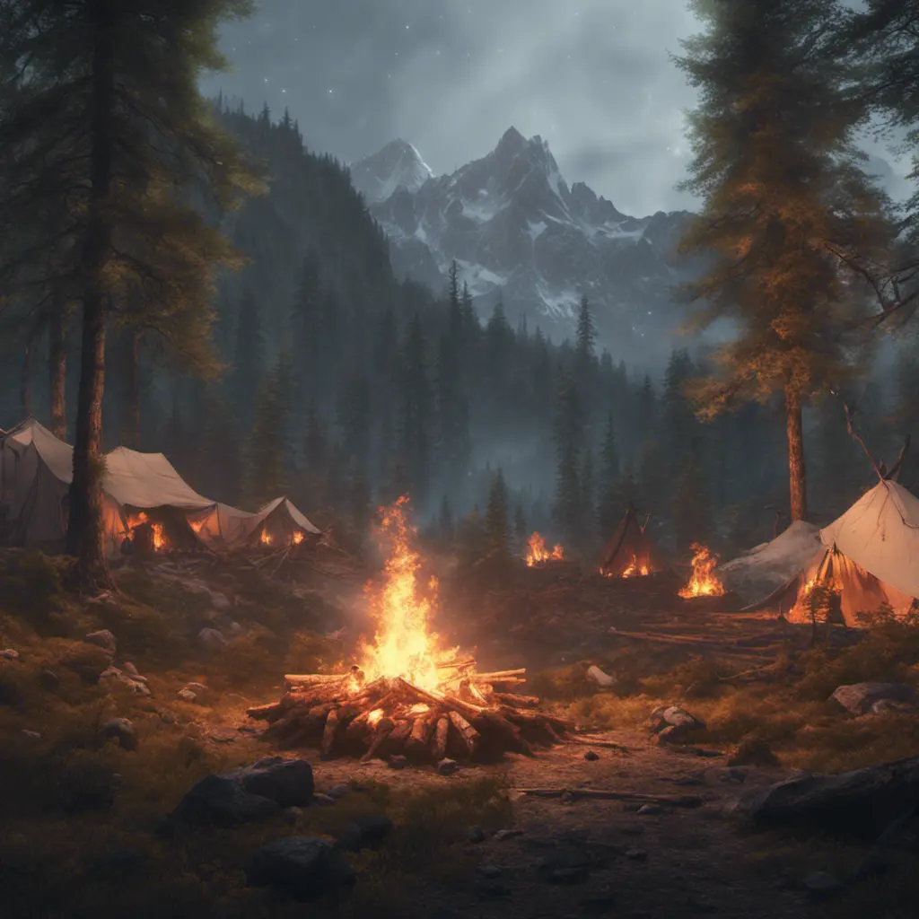 A highly detailed matte painting of a camp fire in an epic mountain forest, 4k resolution, Masterpiece, Trending on Artstation, Cyberpunk, Octane Render, Volumetric Lighting