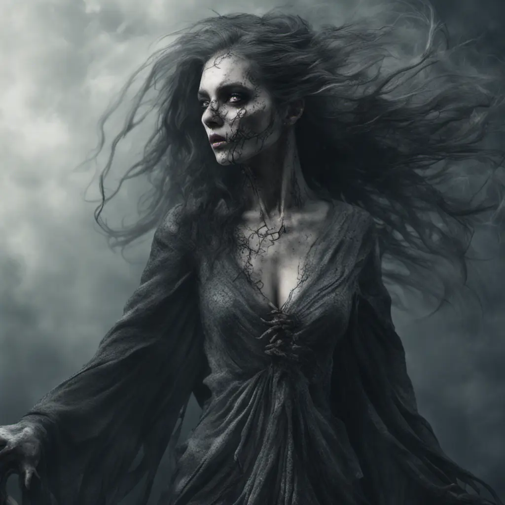 Ghostly rotting dead evil undead siren, graceful, flowing robes, wispy, glowing dark eyes, darkness, 8k, Gothic and Fantasy, Beautiful, Sci-Fi, Photo Realistic