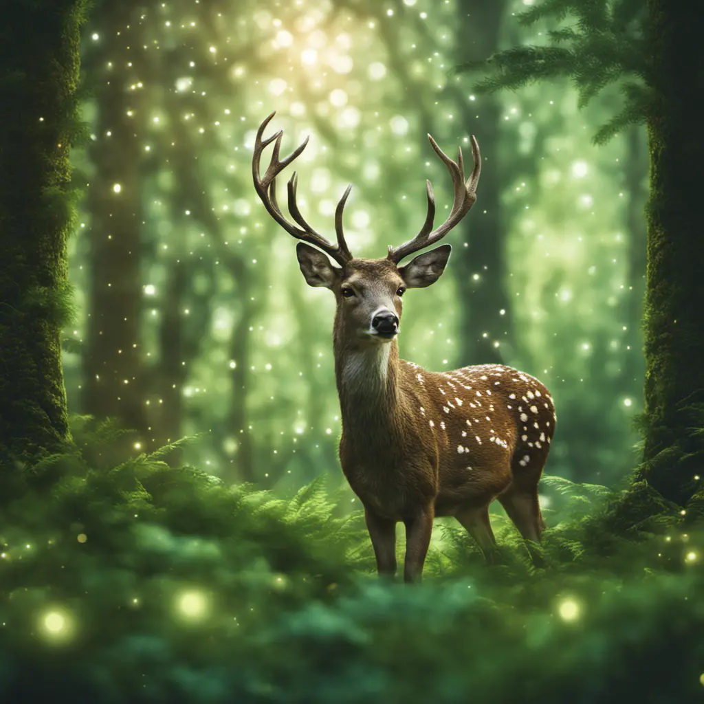 Deer in a green magical forest, Highly Detailed, Bokeh effect, Sharp Focus, Volumetric Lighting, Fantasy by Greg Rutkowski