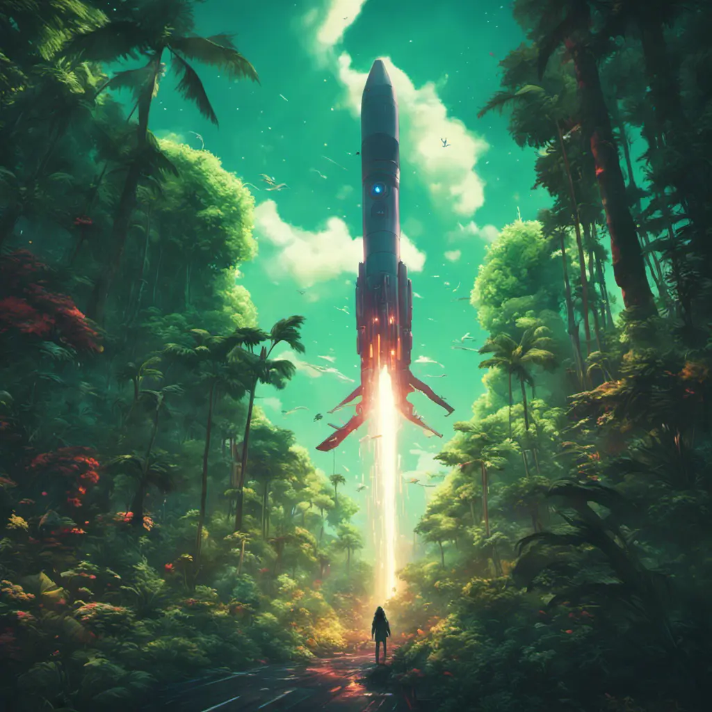 Studio ghibli, rocket explosion, jungle, solar, green technology, optimist future, 8k, Bokeh effect, Cinematic Lighting, Iridescence, Vibrant by Beeple, Dan Mumford, Greg Rutkowski, WLOP